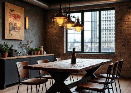 Industrial metal dining room featuring a rough-hewn wood and blackened steel table under warm pendant lights, surrounded by weathered metal chairs, with textured brick walls, exposed piping, and a large window showcasing a distant city skyline, perfect for cozy meals and lively conversations.