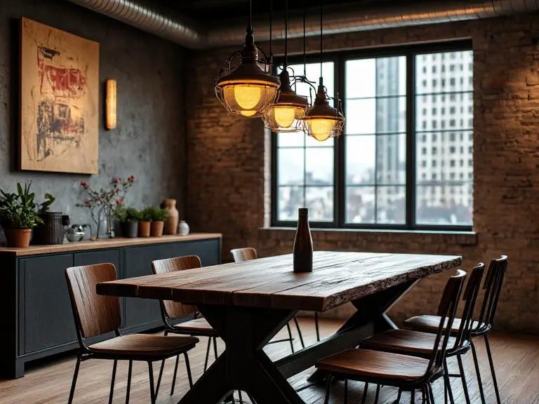 Industrial metal dining room featuring a rough-hewn wood and blackened steel table under warm pendant lights, surrounded by weathered metal chairs, with textured brick walls, exposed piping, and a large window showcasing a distant city skyline, perfect for cozy meals and lively conversations.