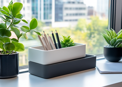 Close-up of a cluttered desk featuring stylish flame-shaped pencil boxes in white, grey, and black, arranged on top of each other, with office plants and a window view of buildings in a clean, modern workspace, illuminated by soft lighting.