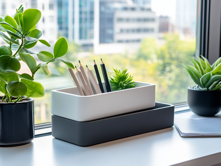 Close-up of a cluttered desk featuring stylish flame-shaped pencil boxes in white, grey, and black, arranged on top of each other, with office plants and a window view of buildings in a clean, modern workspace, illuminated by soft lighting.