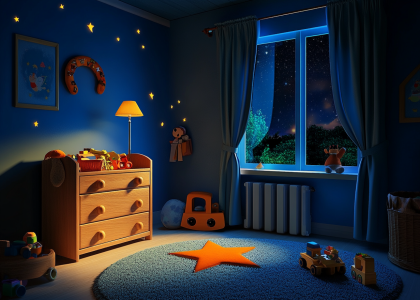 Dark blue children's room with starry ceiling, wooden chest of drawers filled with toys, soft lamp lighting, decorated walls, orange star-shaped carpet, nighttime view through window, large curtain.