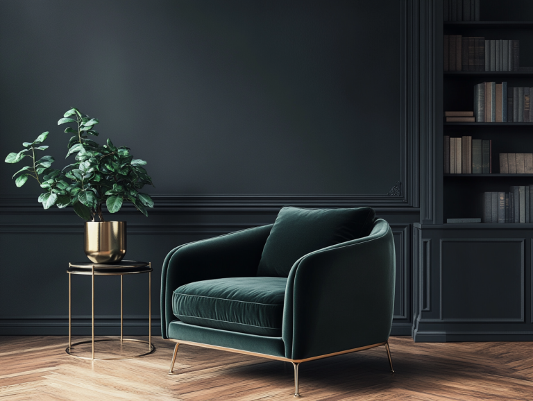 Dark green velvet armchair with brass details beside an elegant side table, featuring a bookcase in the background against dark gray walls, a house plant in a golden pot on a parquet floor, captured in high resolution with professional studio lighting using a Canon EOS R5 camera and macro lens.