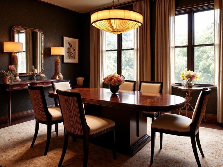 Art Deco dining room featuring a polished mahogany table with gold inlays, upholstered chairs, geometric patterns, and textured wallpaper, illuminated by sunlight and a stunning chandelier for a glamorous and inviting atmosphere.