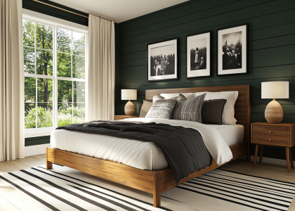 Elegant modern farmhouse bedroom with dark green shiplap walls, vintage black and white photographs above the bed, a striped area rug, wide windows letting in natural light, and a large wooden bedside table, showcasing photorealistic detail.