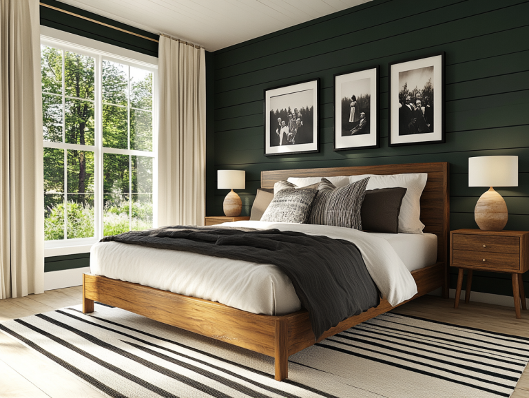 Elegant modern farmhouse bedroom with dark green shiplap walls, vintage black and white photographs above the bed, a striped area rug, wide windows letting in natural light, and a large wooden bedside table, showcasing photorealistic detail.