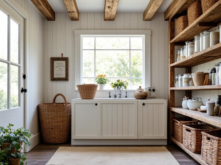 Rustic farmhouse laundry room with weathered wood accents framing windows, vintage baskets, old wooden shelving unit displaying jars of laundry essentials, and a cozy atmosphere with the scent of fresh linens.