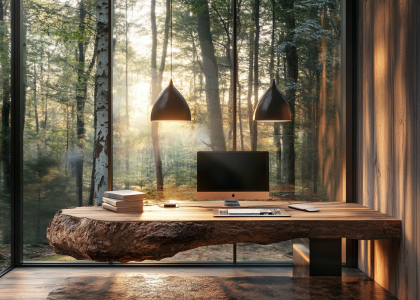 Cozy home office in the woods featuring an organic tree trunk desk, two pendant lights, and a computer, surrounded by warm lighting and natural elements, highlighting modern architectural design.