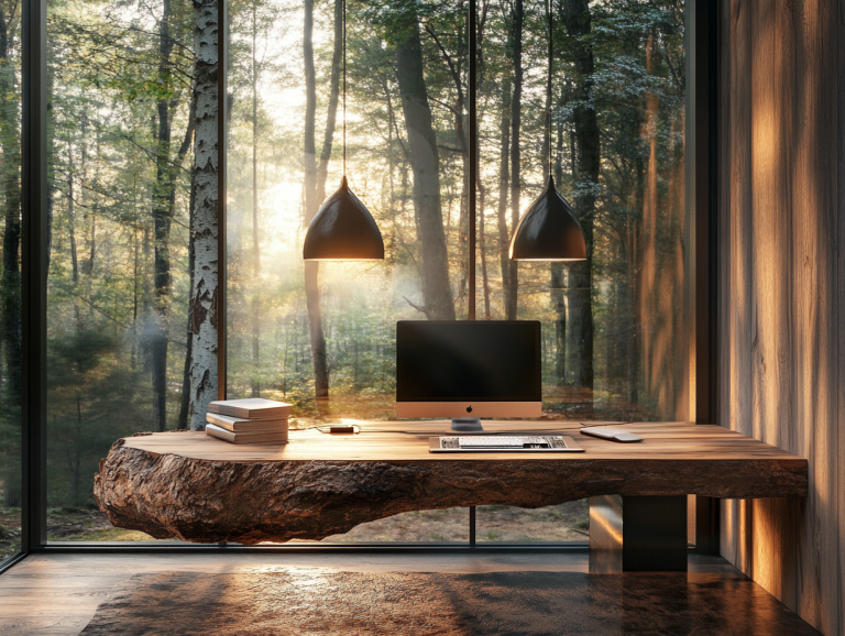 Cozy home office in the woods featuring an organic tree trunk desk, two pendant lights, and a computer, surrounded by warm lighting and natural elements, highlighting modern architectural design.