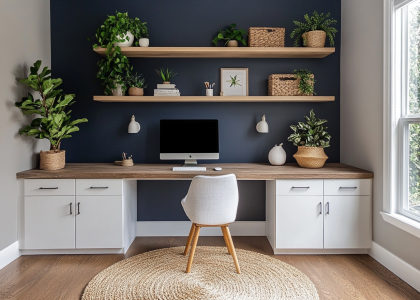 Cozy minimalist home office featuring white cabinets, a wooden desk, and floating shelves against a navy blue wall, adorned with plants, a round woven rug under the desk, and natural light streaming in from the window.