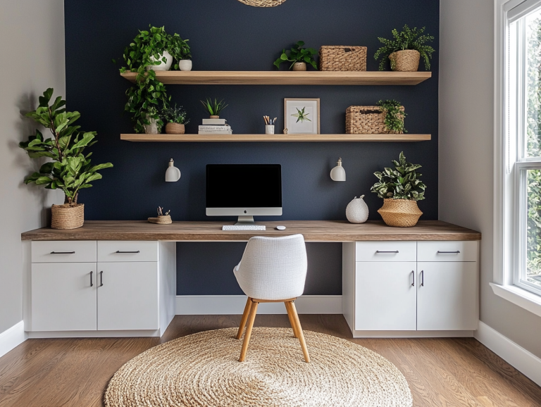 Cozy minimalist home office featuring white cabinets, a wooden desk, and floating shelves against a navy blue wall, adorned with plants, a round woven rug under the desk, and natural light streaming in from the window.