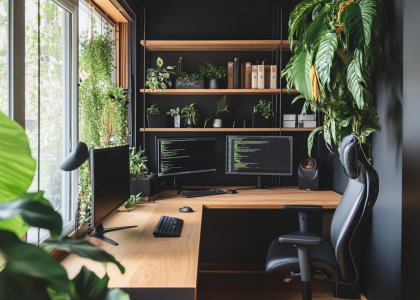 Cozy home office with a wooden desk, black walls, and shelves, featuring two monitors, green plants, and minimalistic decor, illuminated by natural light from the window, styled in a modern and professional photography aesthetic.