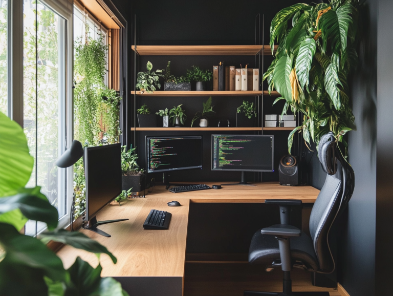 Cozy home office with a wooden desk, black walls, and shelves, featuring two monitors, green plants, and minimalistic decor, illuminated by natural light from the window, styled in a modern and professional photography aesthetic.