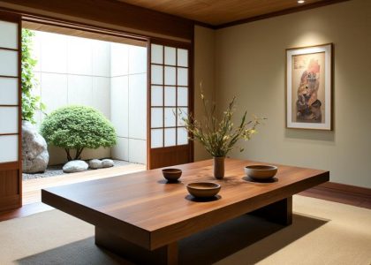 Japanese Zen dining room featuring a low wooden table on a tatami mat, sliding shoji doors, soft filtered light, delicate ceramic dishware, and a small indoor stone garden, creating a serene and tranquil atmosphere.