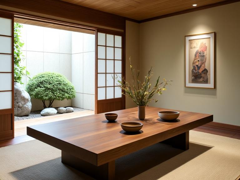 Japanese Zen dining room featuring a low wooden table on a tatami mat, sliding shoji doors, soft filtered light, delicate ceramic dishware, and a small indoor stone garden, creating a serene and tranquil atmosphere.