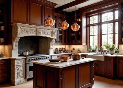 Victorian vintage kitchen with rich mahogany cabinetry, intricate carvings, stone hearth with a flickering fire, antique copper pots above a marble-topped island, and sunlight streaming through a tall window, creating a warm and inviting atmosphere.