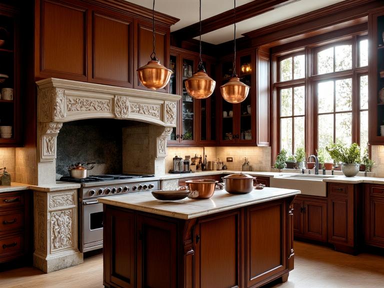 Victorian vintage kitchen with rich mahogany cabinetry, intricate carvings, stone hearth with a flickering fire, antique copper pots above a marble-topped island, and sunlight streaming through a tall window, creating a warm and inviting atmosphere.