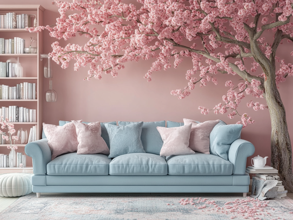 Light blue sofa in cozy living room with pastel pillows, surrounded by pink cherry blossom trees, elegant rug, and blooming tree against a soft rose-colored wall, creating a warm atmosphere for relaxation and social gatherings.