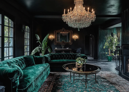 Alt text: "Luxurious living room featuring black walls, teal and emerald green accents, a plush velvet sofa, a large chandelier, vintage area rug, glass-top coffee table, and potted plant, inspired by Chagall's color palette and soft atmospheric lighting."