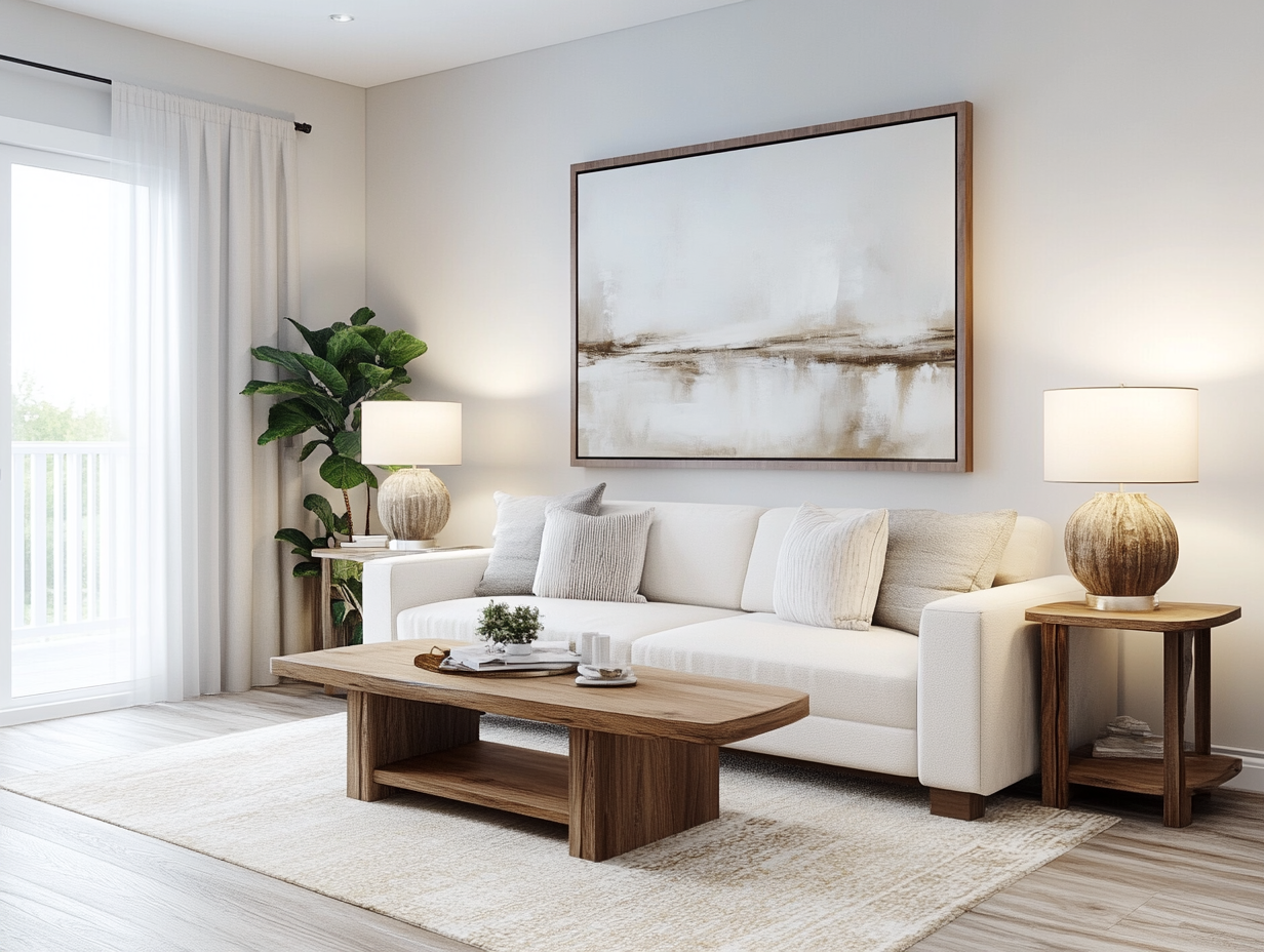 Modern farmhouse living room with white sofa, wood accents, light neutral tones, large wall art, soft lighting from lamps, light wooden floors, sheer curtains, cream rug, and oak-framed painting, creating a warm and inviting atmosphere.