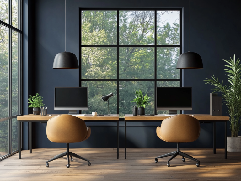 "Modern home office design featuring two computer desks with chairs, a desk lamp, large windows overlooking a forest, navy blue walls, oak wood flooring, leather armchairs, and black pendant lights above wooden tabletops in a modern farmhouse style."