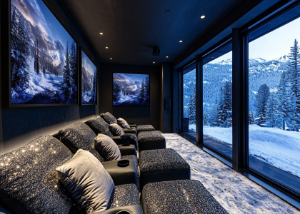 Modern home theater with black walls, floor-to-ceiling windows showcasing snowy scenes outside, black leather recliner chairs with silver sequin fabric, cozy ambiance with warm lighting, and large wall art featuring snow scenes above each seat.