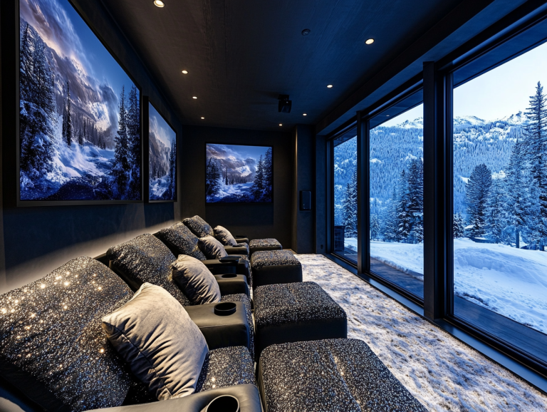 Modern home theater with black walls, floor-to-ceiling windows showcasing snowy scenes outside, black leather recliner chairs with silver sequin fabric, cozy ambiance with warm lighting, and large wall art featuring snow scenes above each seat.