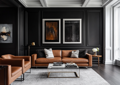 Modern living room with black walls and a white ceiling, featuring double-height ceilings, framed art, a leather sofa, a glass coffee table, and modern lighting fixtures, captured with a Canon EOS R5 camera.