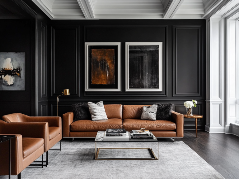 Modern living room with black walls and a white ceiling, featuring double-height ceilings, framed art, a leather sofa, a glass coffee table, and modern lighting fixtures, captured with a Canon EOS R5 camera.