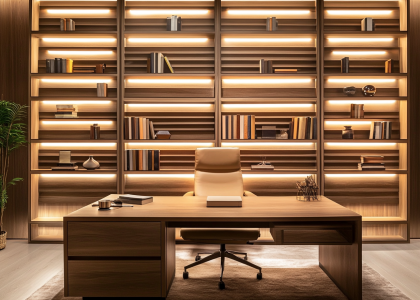 Modern office design featuring a sleek desk and wooden slat bookshelves illuminated by warm white LED lights, with a comfortable chair in the foreground and shelves filled with books and decorative objects, showcasing contemporary home decor.