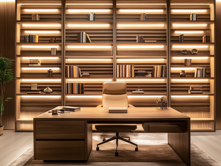 Modern office design featuring a sleek desk and wooden slat bookshelves illuminated by warm white LED lights, with a comfortable chair in the foreground and shelves filled with books and decorative objects, showcasing contemporary home decor.