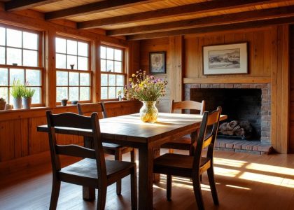 "Rustic wood dining room bathed in sunlight from large windows, featuring a sturdy dining table surrounded by mismatched wooden chairs, a wildflower centerpiece in a glass jar, and a cozy fireplace in the background."