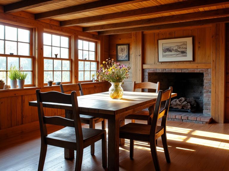 "Rustic wood dining room bathed in sunlight from large windows, featuring a sturdy dining table surrounded by mismatched wooden chairs, a wildflower centerpiece in a glass jar, and a cozy fireplace in the background."