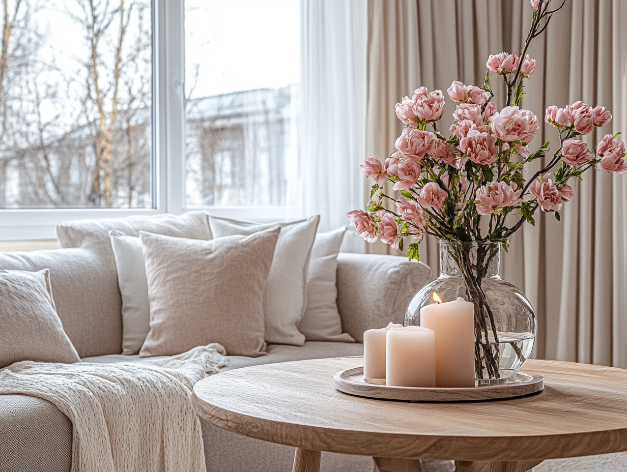 Nordic-style living room with a round wooden coffee table topped with a vase of pink flowers and candles, a cozy sofa against large windows with beige curtains, filled with natural light, creating a warm and inviting atmosphere in a neutral color palette.