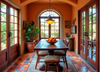 "Colorful Mediterranean tile dining room with handcrafted mosaics on the floor, rustic wooden table surrounded by mismatched chairs, sunlight through arched window illuminating terracotta and stone textures, inviting atmosphere for family gatherings."