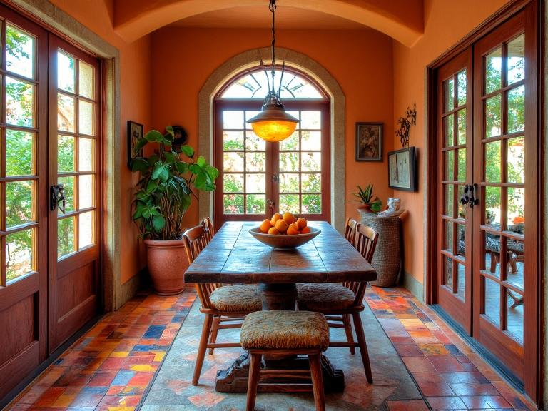 "Colorful Mediterranean tile dining room with handcrafted mosaics on the floor, rustic wooden table surrounded by mismatched chairs, sunlight through arched window illuminating terracotta and stone textures, inviting atmosphere for family gatherings."