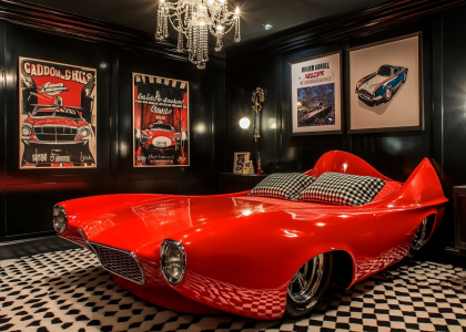 "Playful car-themed bedroom with elegant red bed shaped like a classic car, high-gloss black walls, bold geometric patterned carpeting, vintage racing posters, checkered accents, and a stylish chandelier, perfect for kids who love cars."