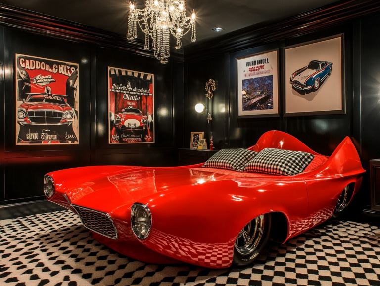 "Playful car-themed bedroom with elegant red bed shaped like a classic car, high-gloss black walls, bold geometric patterned carpeting, vintage racing posters, checkered accents, and a stylish chandelier, perfect for kids who love cars."