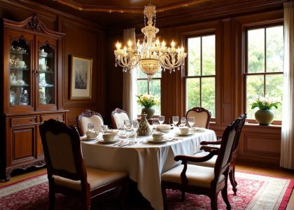 Victorian elegant dining room featuring richly carved mahogany furniture, intricate moldings, a grand chandelier, a polished dining table set with fine china and embroidered linens, tall windows with draped curtains, and a richly patterned rug, creating a luxurious and inviting ambiance.