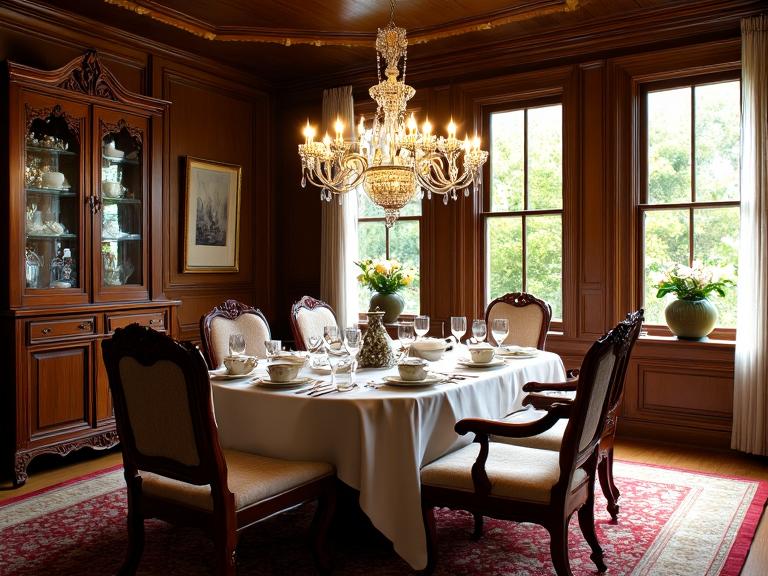 Victorian elegant dining room featuring richly carved mahogany furniture, intricate moldings, a grand chandelier, a polished dining table set with fine china and embroidered linens, tall windows with draped curtains, and a richly patterned rug, creating a luxurious and inviting ambiance.