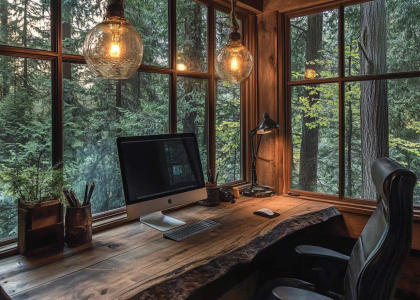 Rustic home office featuring a wooden desk, vintage pendant light shades above a computer, and a dark wood chair, with large windows offering a scenic forest view, creating a cozy work space in a wilderness setting.