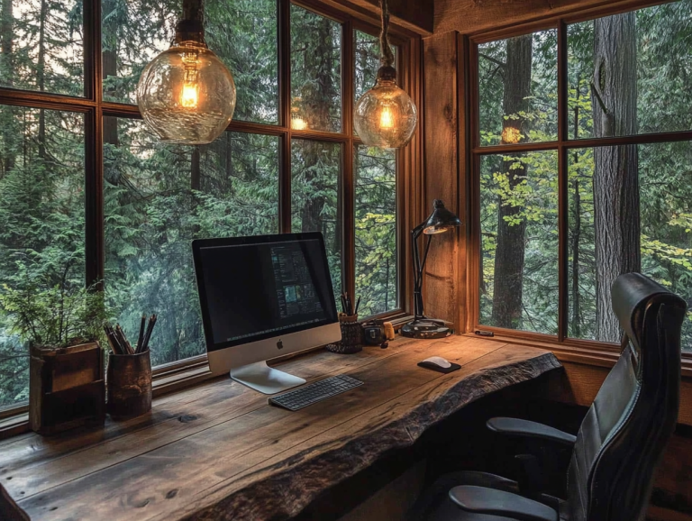 Rustic home office featuring a wooden desk, vintage pendant light shades above a computer, and a dark wood chair, with large windows offering a scenic forest view, creating a cozy work space in a wilderness setting.