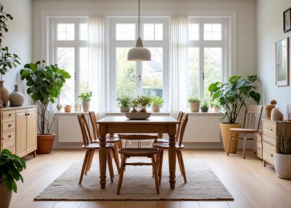 Cozy Scandinavian dining room with pale wood floors, rustic wooden table, mismatched chairs, large windows letting in natural light, potted plants, and soft neutral textiles, creating a warm and inviting atmosphere for shared meals and conversation.