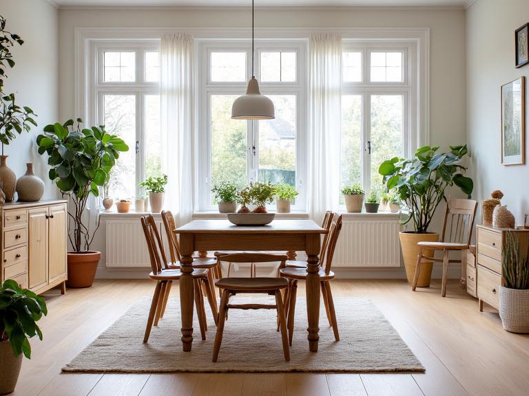 Cozy Scandinavian dining room with pale wood floors, rustic wooden table, mismatched chairs, large windows letting in natural light, potted plants, and soft neutral textiles, creating a warm and inviting atmosphere for shared meals and conversation.