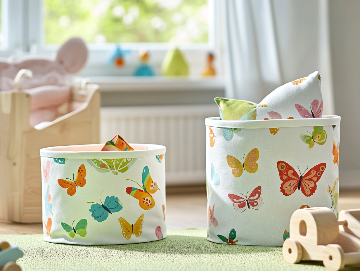 Two round white storage baskets with colorful butterfly patterns in a nursery room featuring a light green carpet and scattered wooden toys, with an open window revealing a spring landscape, all beautifully lit by natural sunlight.