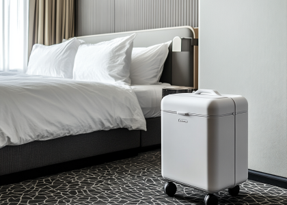 "Small hard-sided cooler on wheels in a stylish bedroom setting, featuring a white wall, black floor, and gray patterned carpet, promoting a refreshing white soft drink."