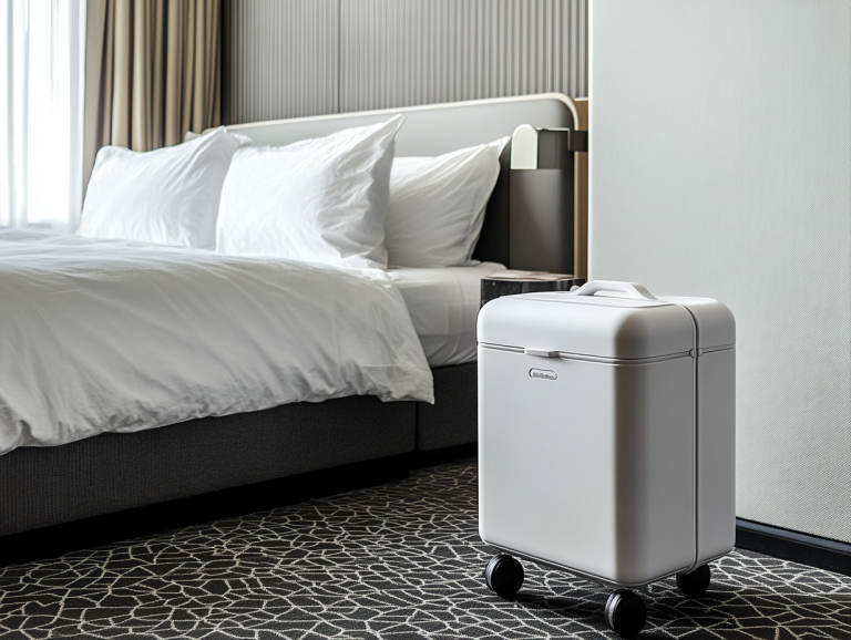 "Small hard-sided cooler on wheels in a stylish bedroom setting, featuring a white wall, black floor, and gray patterned carpet, promoting a refreshing white soft drink."