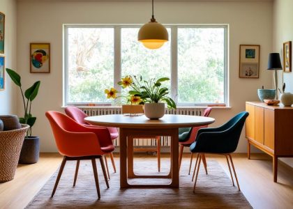 Mid-Century Modern dining room featuring a round teak table, vintage upholstered chairs in vibrant colors, abstract wall art, and a sleek sideboard with glassware, all illuminated by natural light from large windows.