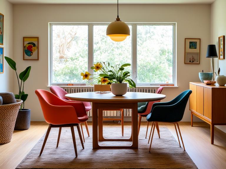 Mid-Century Modern dining room featuring a round teak table, vintage upholstered chairs in vibrant colors, abstract wall art, and a sleek sideboard with glassware, all illuminated by natural light from large windows.