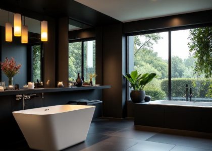 Luxurious black bathroom with sleek bathtub, stylish pendant lights, large windows for natural light, soft towels, and greenery for a spa-like atmosphere.