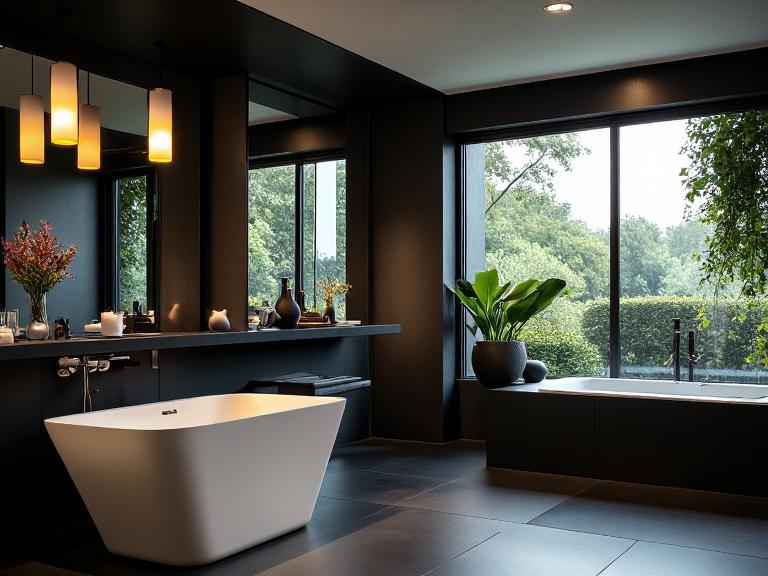 Luxurious black bathroom with sleek bathtub, stylish pendant lights, large windows for natural light, soft towels, and greenery for a spa-like atmosphere.